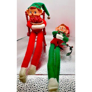 Vintage Pixie Elf Knee Hugger Plastic Face Christmas Shelf Sitters Lot of 2